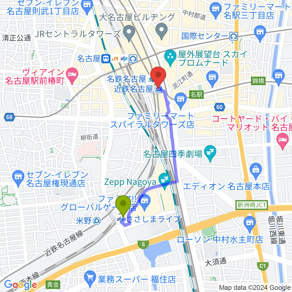 ささしまライブ駅からタワーレコード名古屋近鉄パッセ店へのルートマップ地図