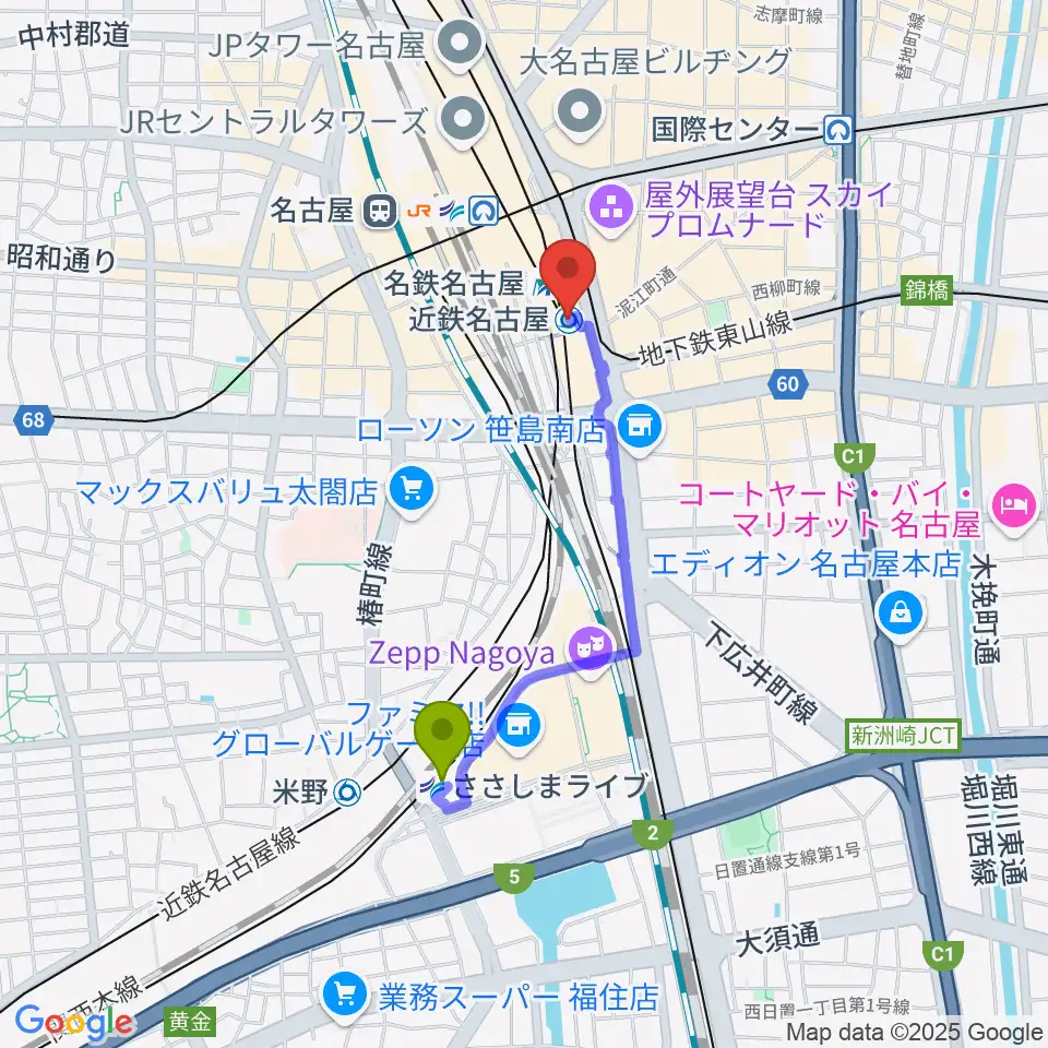 ささしまライブ駅からタワーレコード名古屋近鉄パッセ店へのルートマップ地図