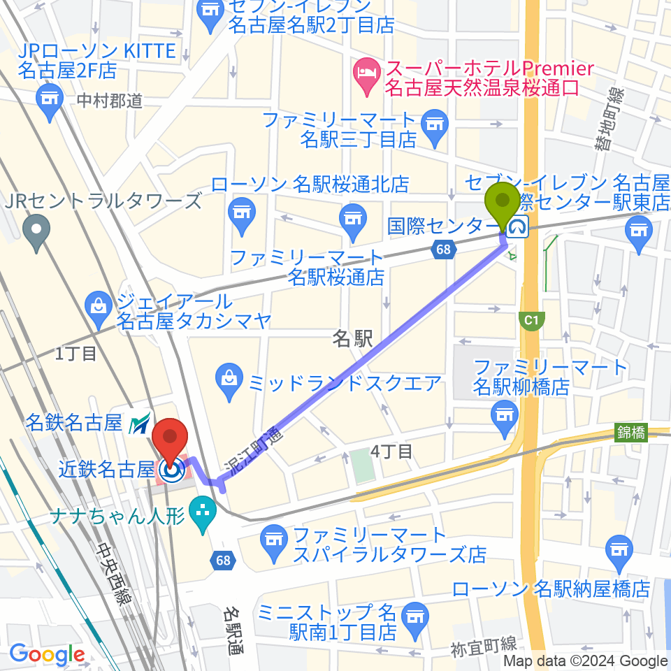 国際センター駅からタワーレコード名古屋近鉄パッセ店へのルートマップ地図