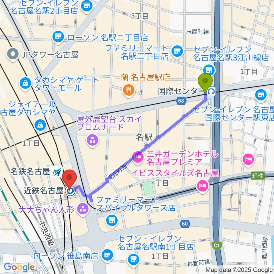 国際センター駅からタワーレコード名古屋近鉄パッセ店へのルートマップ地図