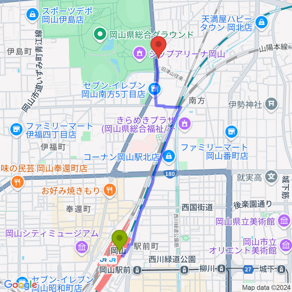 岡山駅からFlowerMusic 岡山音楽芸術センターへのルートマップ地図