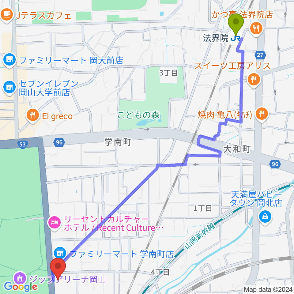 FlowerMusic 岡山音楽芸術センターの最寄駅法界院駅からの徒歩ルート（約16分）地図