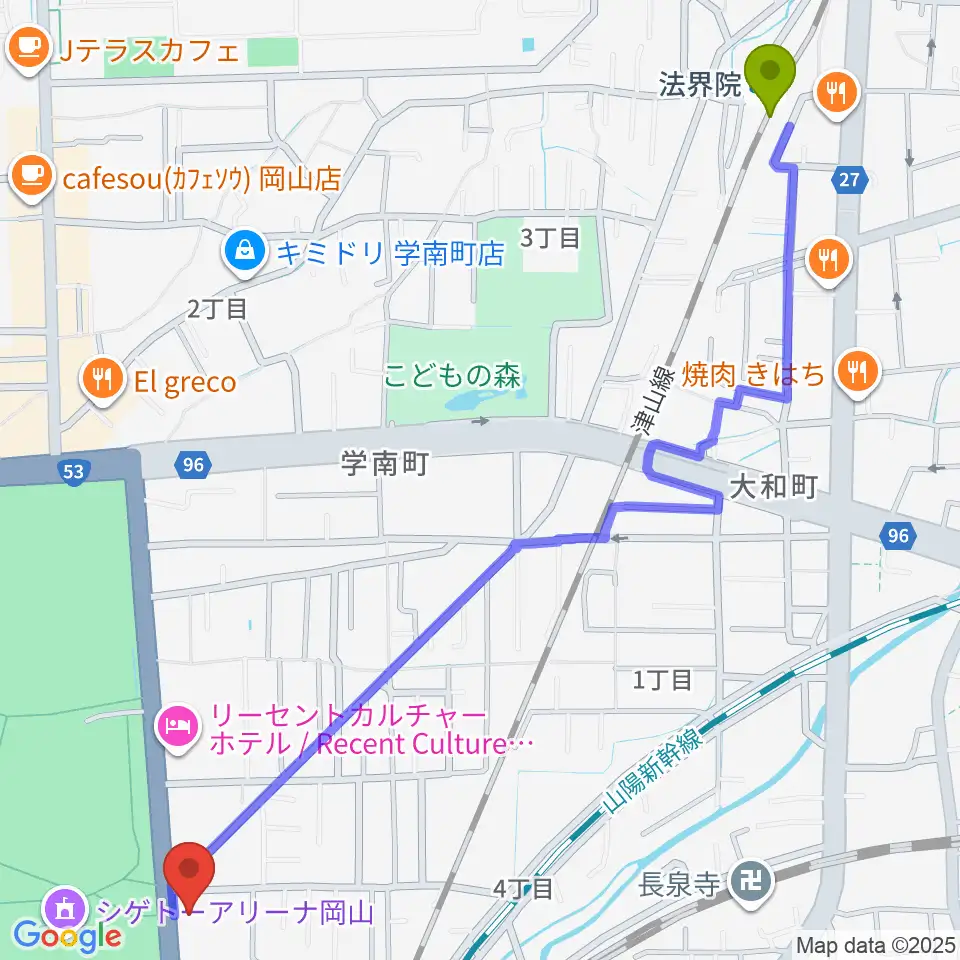 FlowerMusic 岡山音楽芸術センターの最寄駅法界院駅からの徒歩ルート（約16分）地図