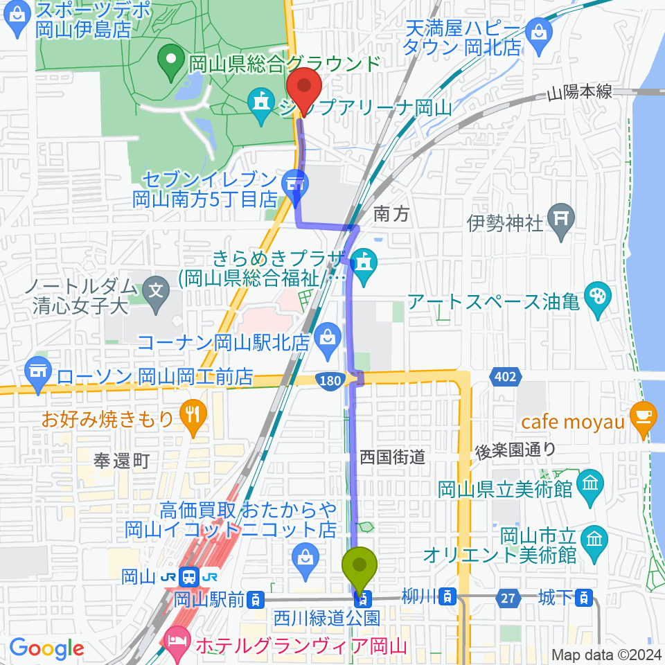 西川緑道公園駅からFlowerMusic 岡山音楽芸術センターへのルートマップ地図