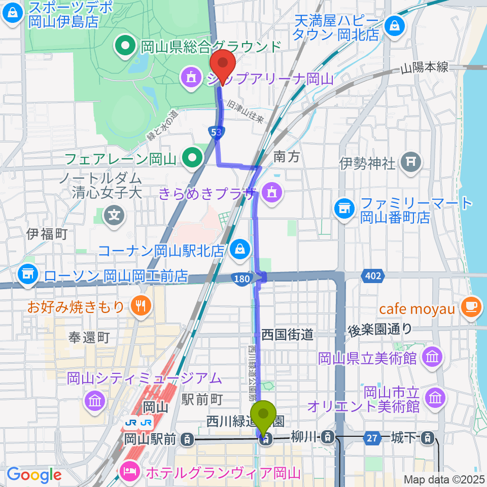 西川緑道公園駅からFlowerMusic 岡山音楽芸術センターへのルートマップ地図