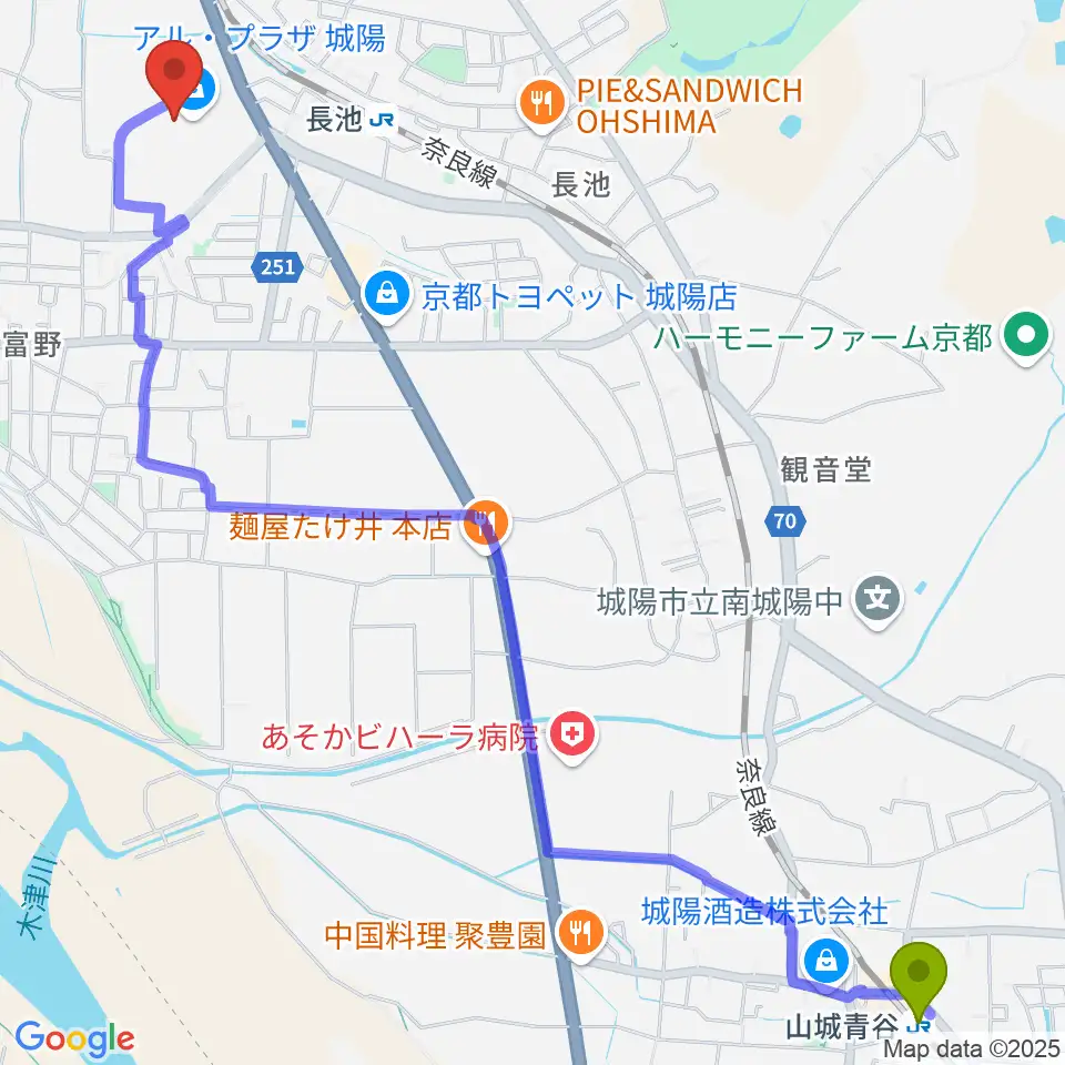 山城青谷駅からJEUGIAカルチャーセンター アル・プラザ城陽へのルートマップ地図