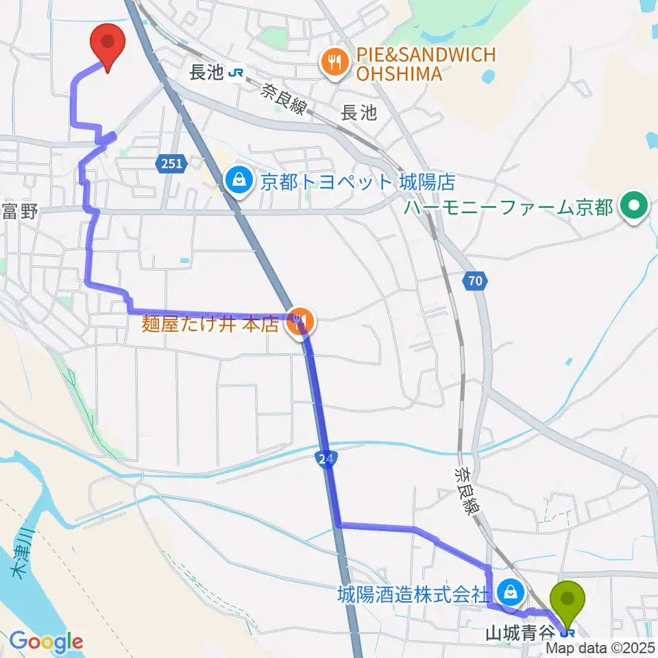 山城青谷駅からJEUGIAカルチャーセンター アル・プラザ城陽へのルートマップ地図