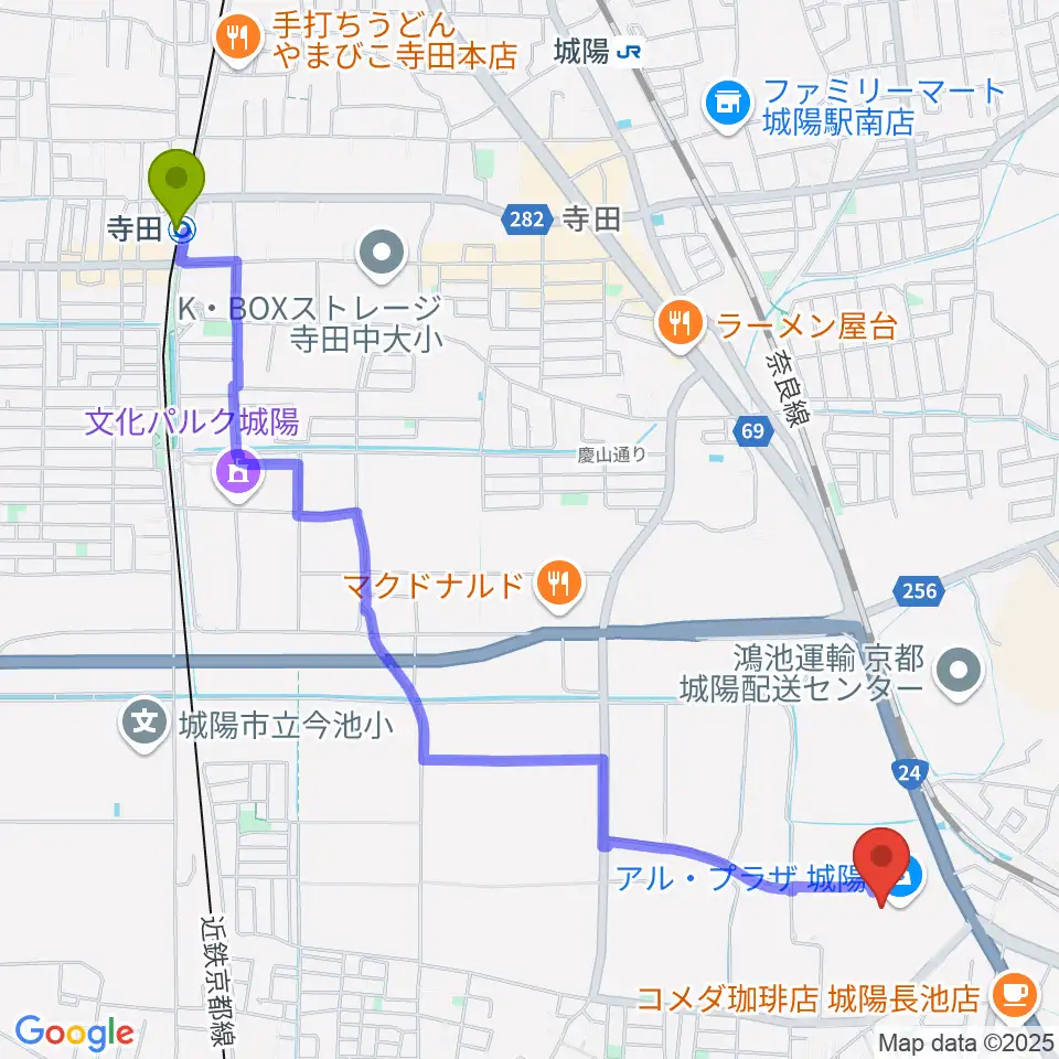 寺田駅からJEUGIAカルチャーセンター アル・プラザ城陽へのルートマップ地図