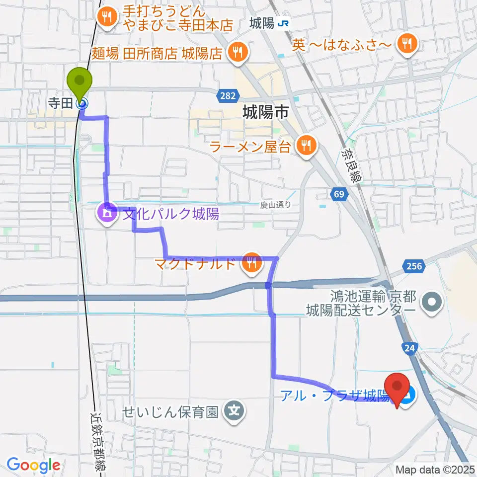 寺田駅からJEUGIAカルチャーセンター アル・プラザ城陽へのルートマップ地図