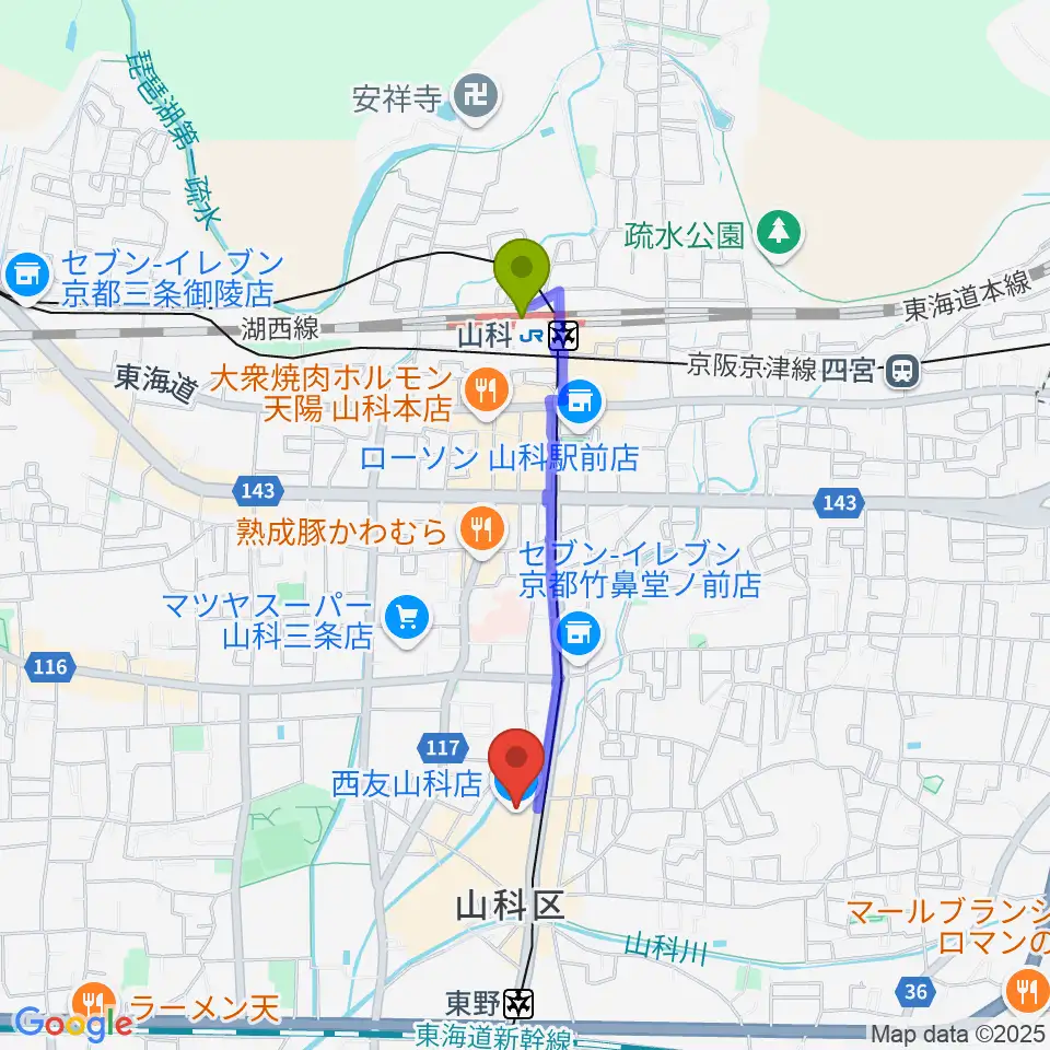 山科駅からJEUGIAカルチャーセンター 西友山科へのルートマップ地図