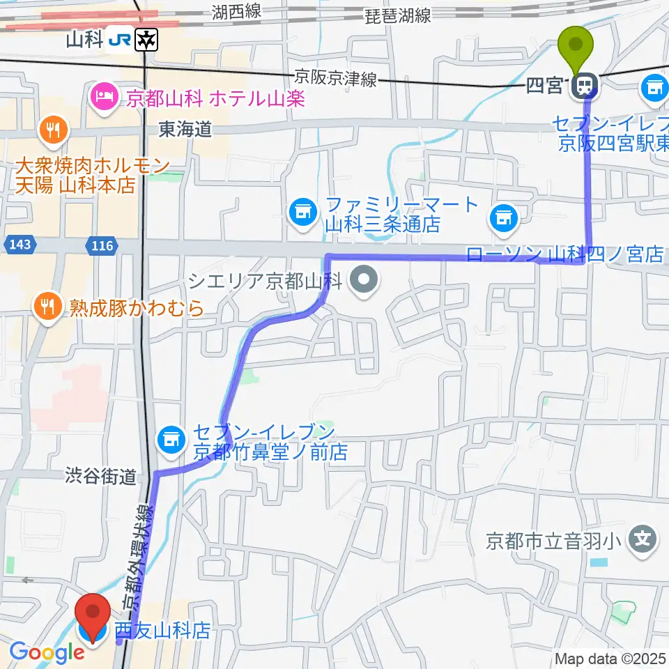 四宮駅からJEUGIAカルチャーセンター 西友山科へのルートマップ地図