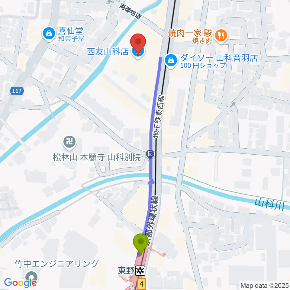 JEUGIAカルチャーセンター 西友山科の最寄駅東野駅からの徒歩ルート（約5分）地図