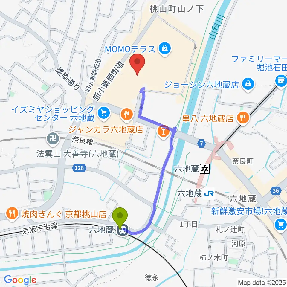 JEUGIAカルチャーセンター MOMOテラスの最寄駅六地蔵駅からの徒歩ルート（約8分）地図