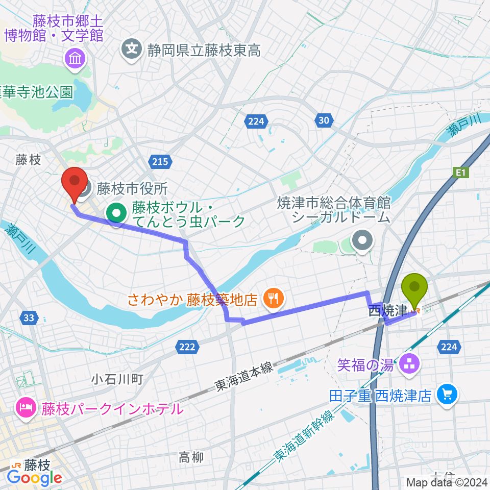 西焼津駅から藤枝市民会館へのルートマップ地図