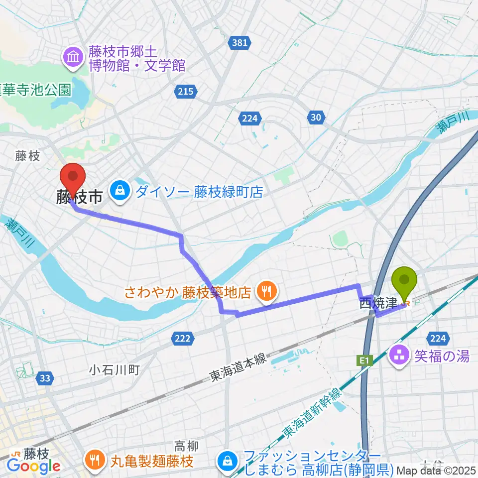 西焼津駅から藤枝市民会館へのルートマップ地図