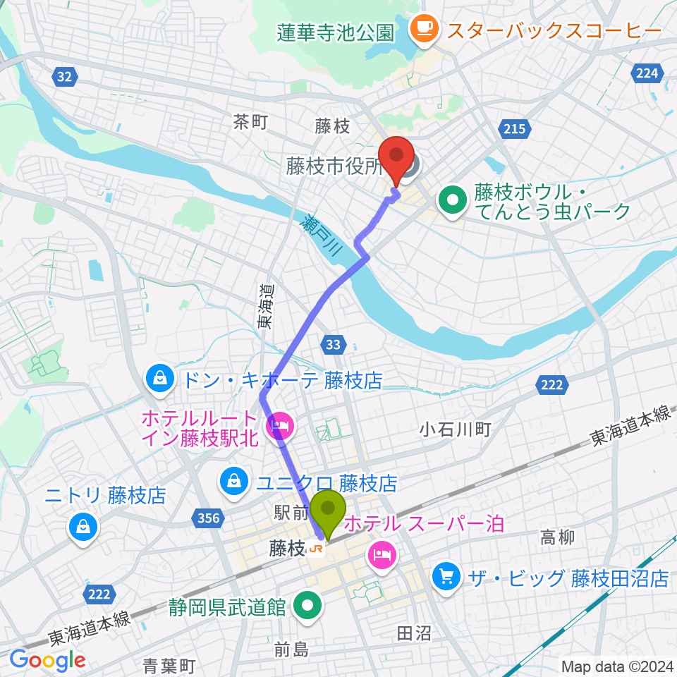 藤枝市民会館の最寄駅藤枝駅からの徒歩ルート（約33分）地図