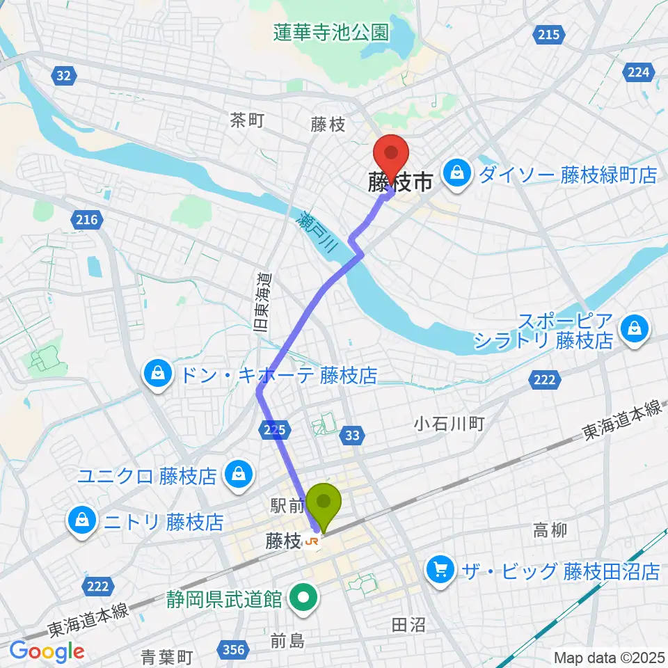 藤枝市民会館の最寄駅藤枝駅からの徒歩ルート（約33分）地図