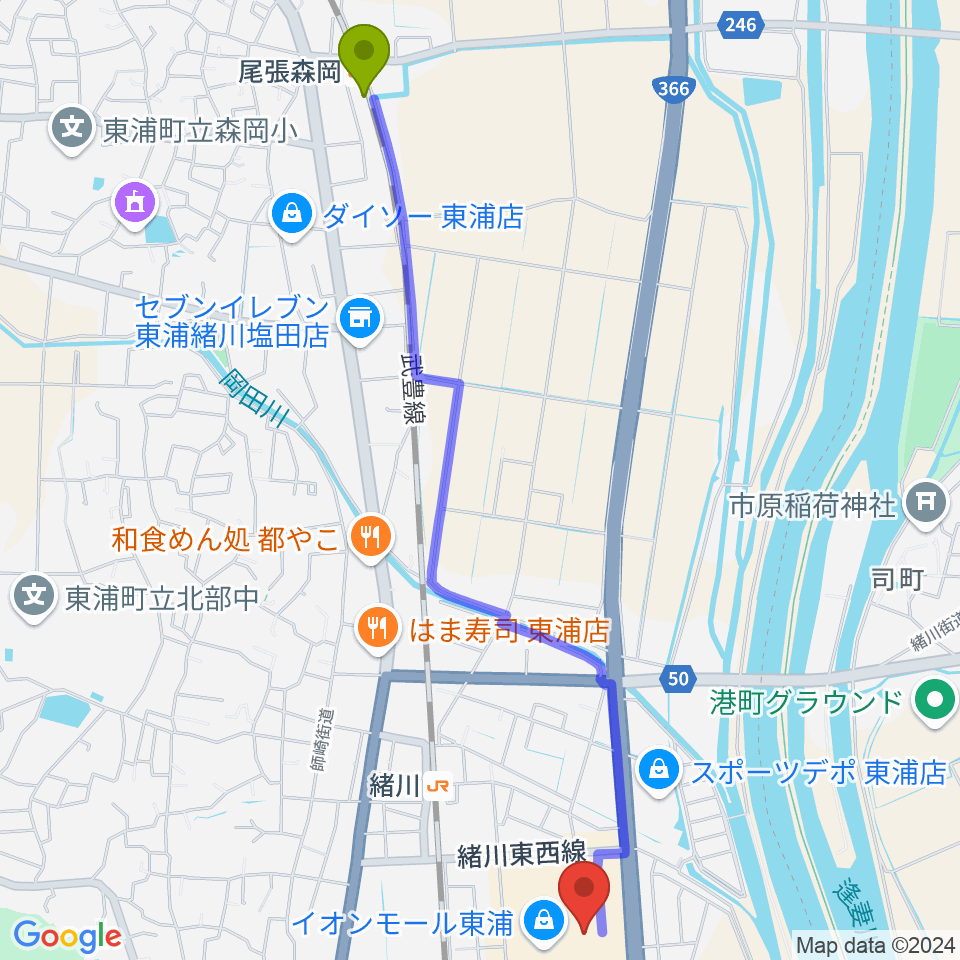 尾張森岡駅からタワーレコード東浦店へのルートマップ地図