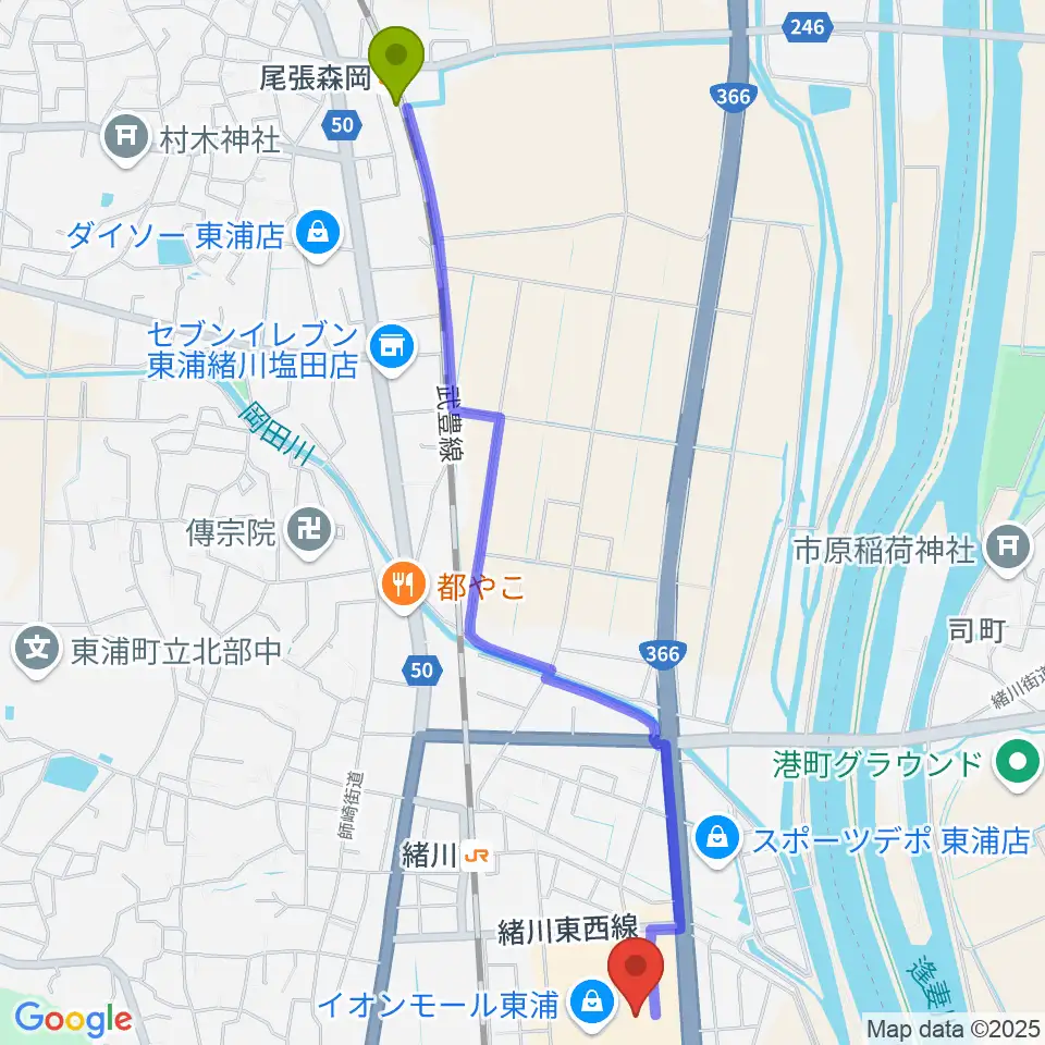 尾張森岡駅からタワーレコード東浦店へのルートマップ地図