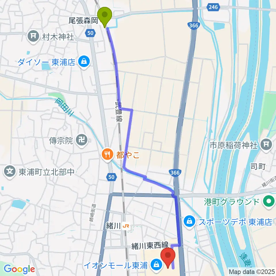 尾張森岡駅からタワーレコード東浦店へのルートマップ地図