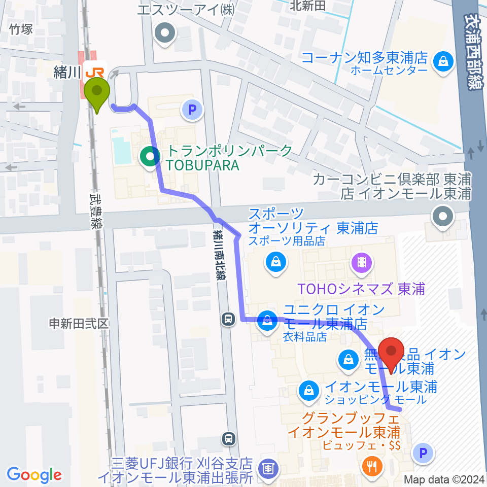 タワーレコード東浦店の最寄駅緒川駅からの徒歩ルート（約6分）地図