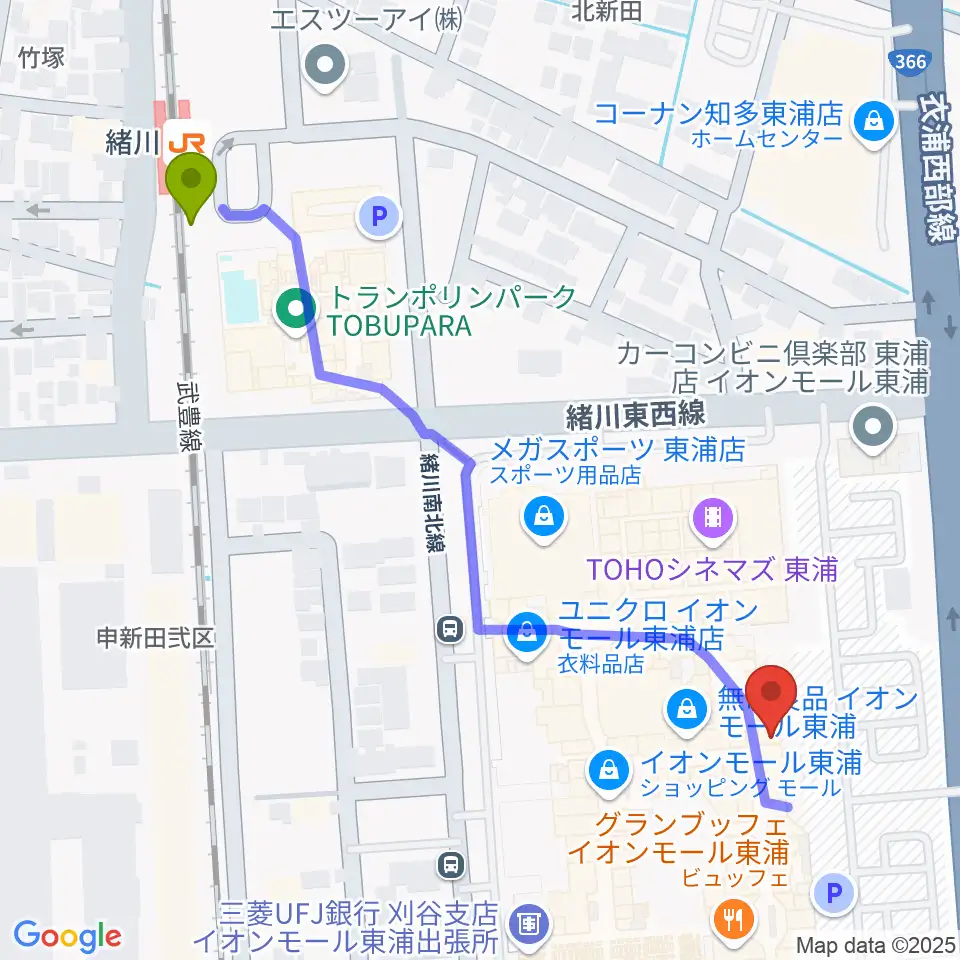 タワーレコード東浦店の最寄駅緒川駅からの徒歩ルート（約6分）地図