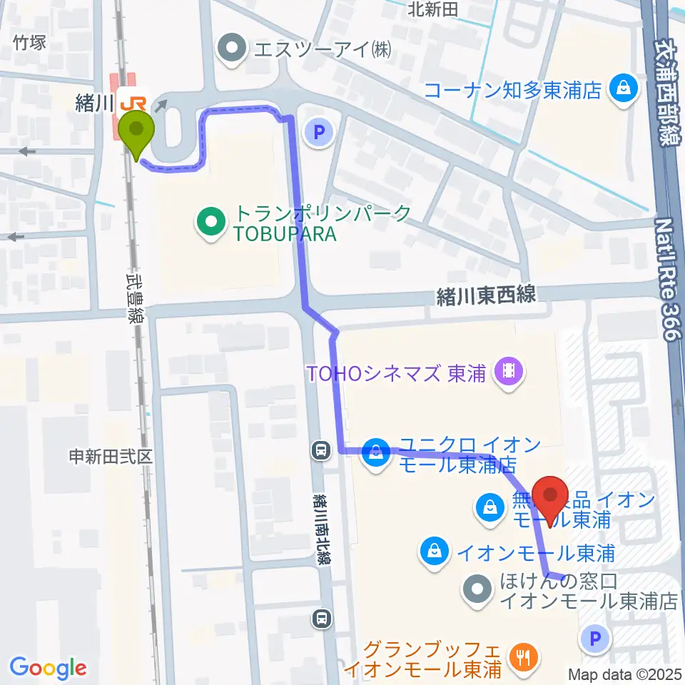 タワーレコード東浦店の最寄駅緒川駅からの徒歩ルート（約6分）地図