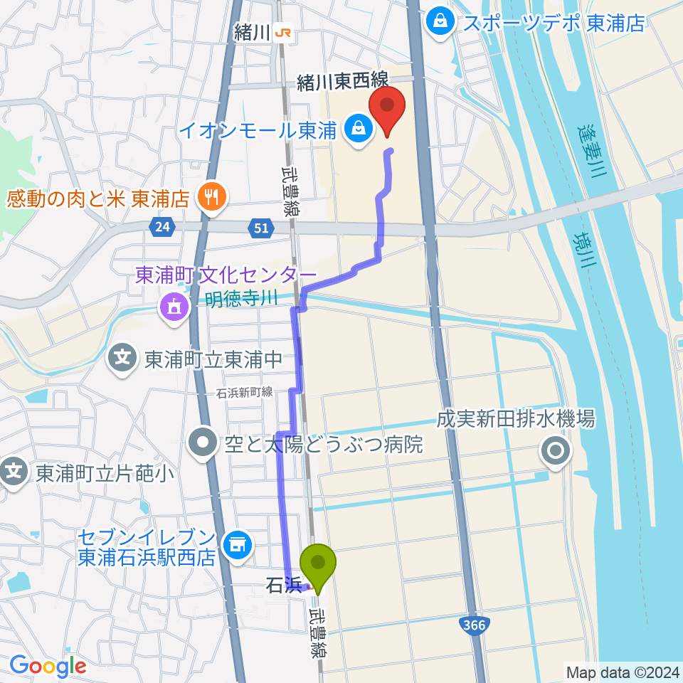 石浜駅からタワーレコード東浦店へのルートマップ地図