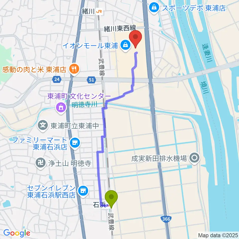 石浜駅からタワーレコード東浦店へのルートマップ地図