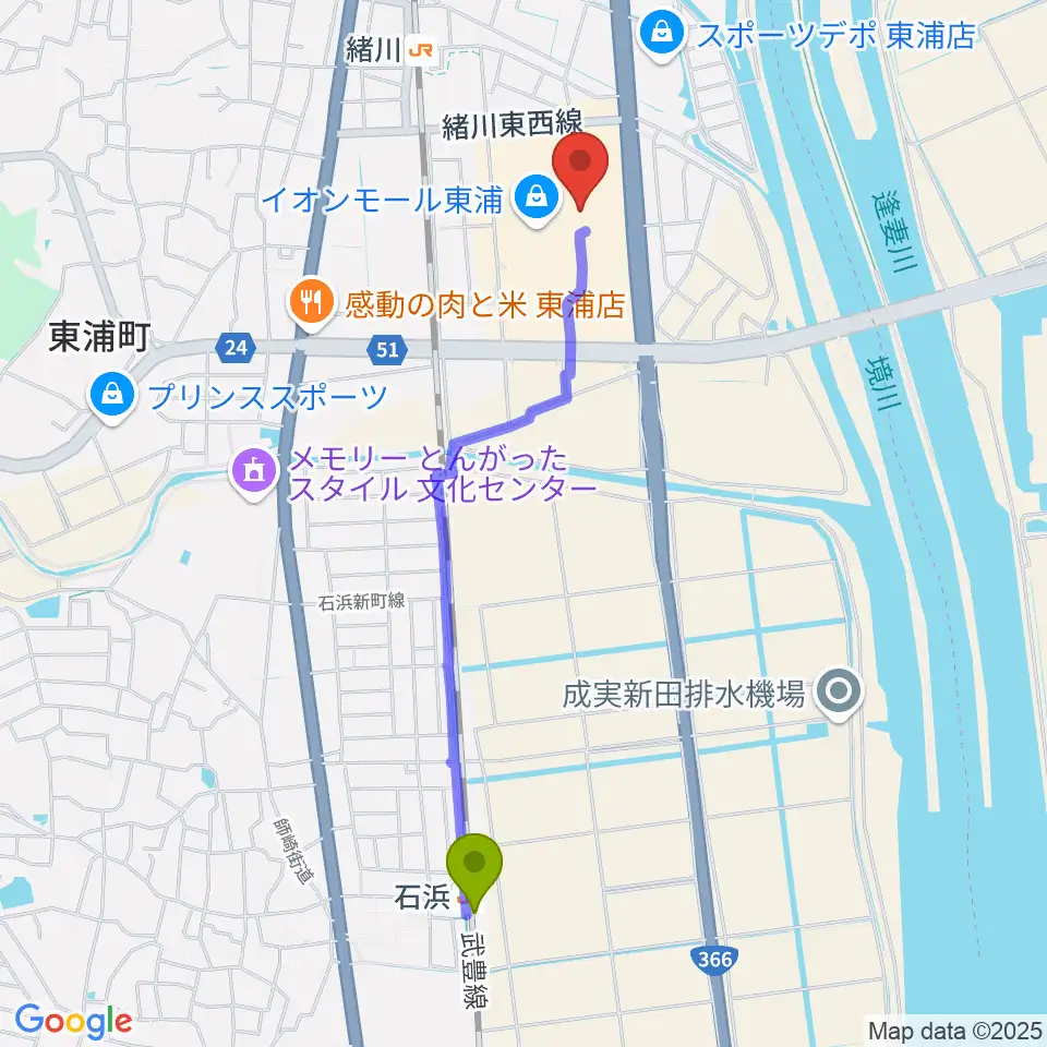 石浜駅からタワーレコード東浦店へのルートマップ地図