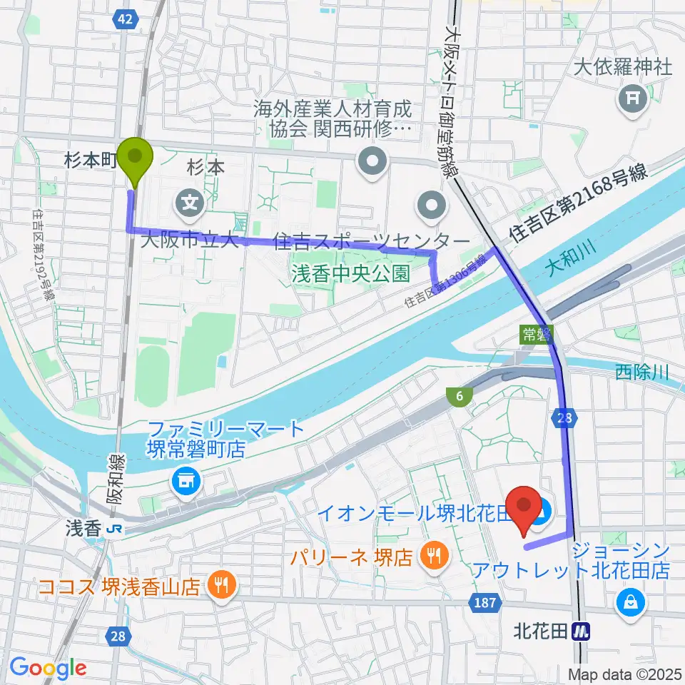 杉本町駅からJEUGIAカルチャーセンター イオンモール堺北花田へのルートマップ地図