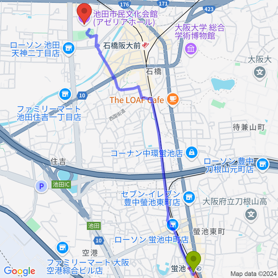 蛍池駅からスタジオアゼリアへのルートマップ地図