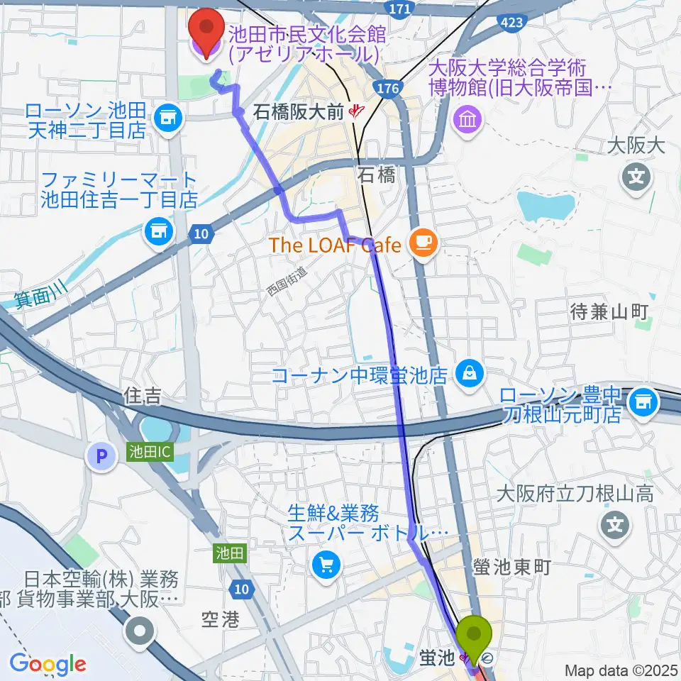 蛍池駅からスタジオアゼリアへのルートマップ地図