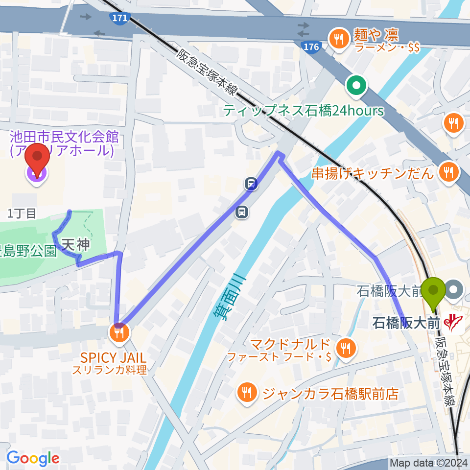 スタジオアゼリアの最寄駅石橋阪大前駅からの徒歩ルート（約7分）地図