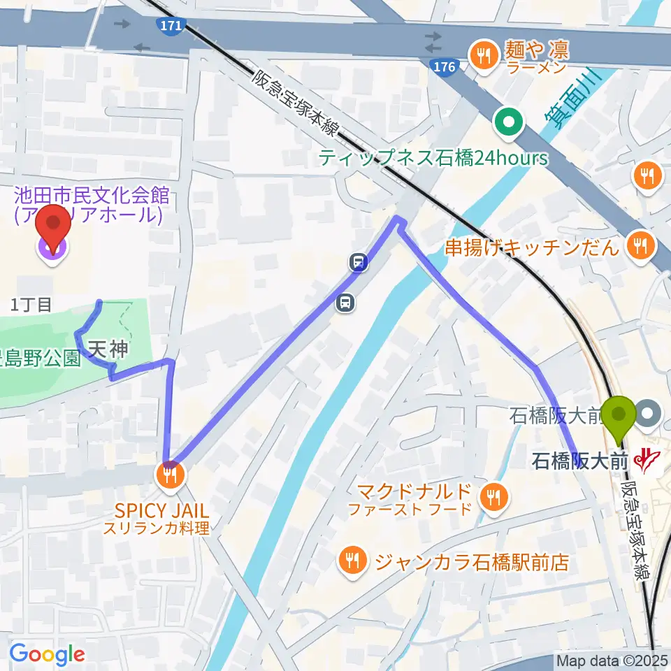 スタジオアゼリアの最寄駅石橋阪大前駅からの徒歩ルート（約7分）地図