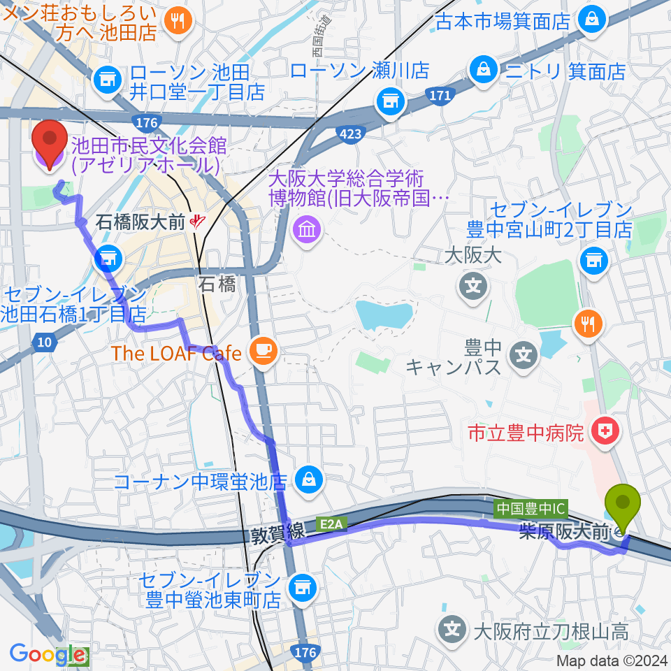 柴原阪大前駅からスタジオアゼリアへのルートマップ地図