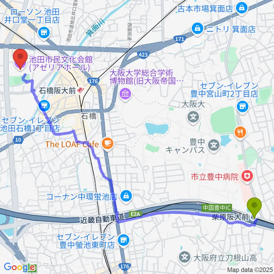 柴原阪大前駅からスタジオアゼリアへのルートマップ地図