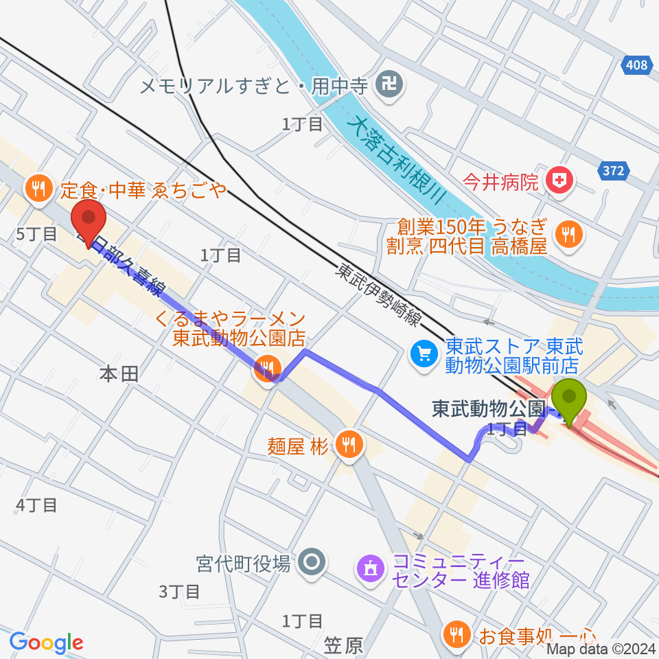 Art Lodge [Mojo:Moja]の最寄駅東武動物公園駅からの徒歩ルート（約12分）地図