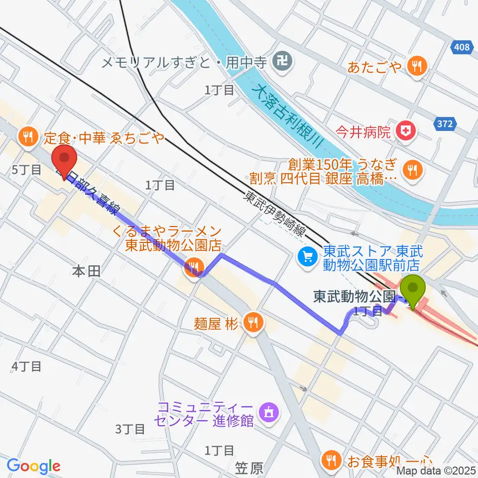 Art Lodge [Mojo:Moja]の最寄駅東武動物公園駅からの徒歩ルート（約12分）地図