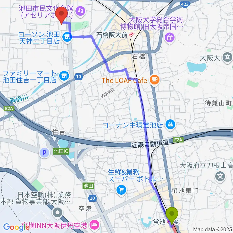 蛍池駅から池田市立カルチャープラザへのルートマップ地図