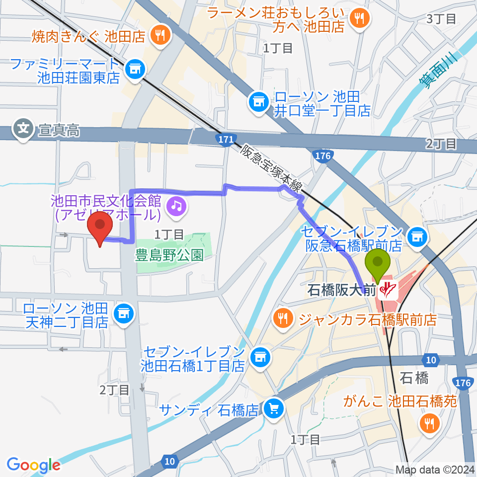 池田市立カルチャープラザの最寄駅石橋阪大前駅からの徒歩ルート（約9分）地図