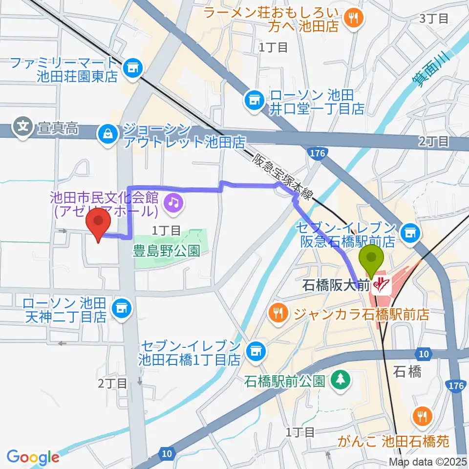 池田市立カルチャープラザの最寄駅石橋阪大前駅からの徒歩ルート（約9分）地図