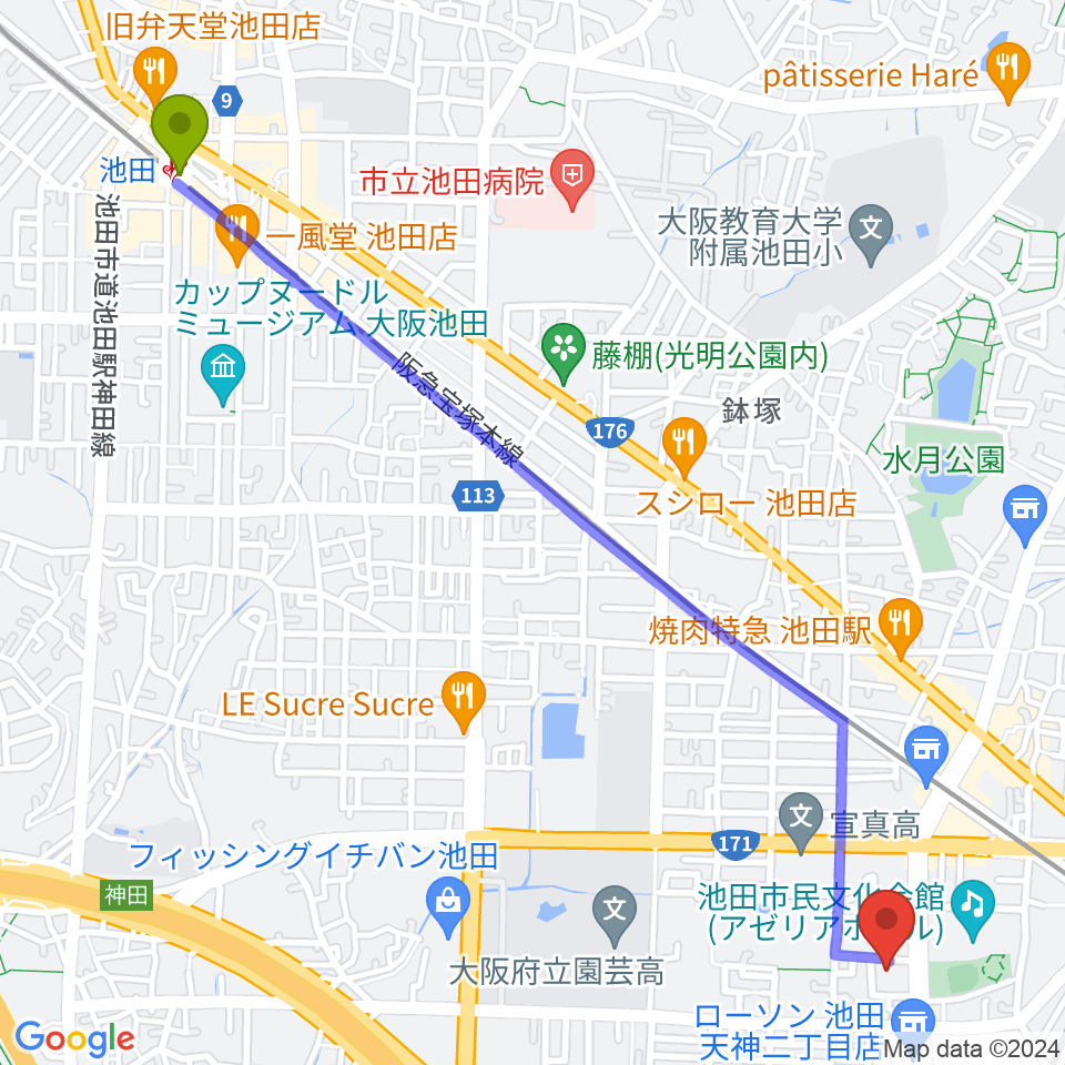 池田駅から池田市立カルチャープラザへのルートマップ地図