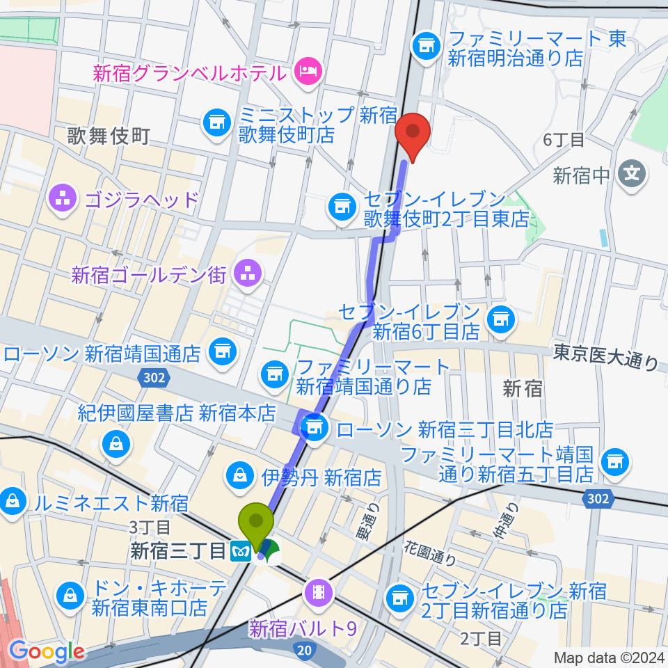 新宿三丁目駅から新宿SACT!へのルートマップ地図