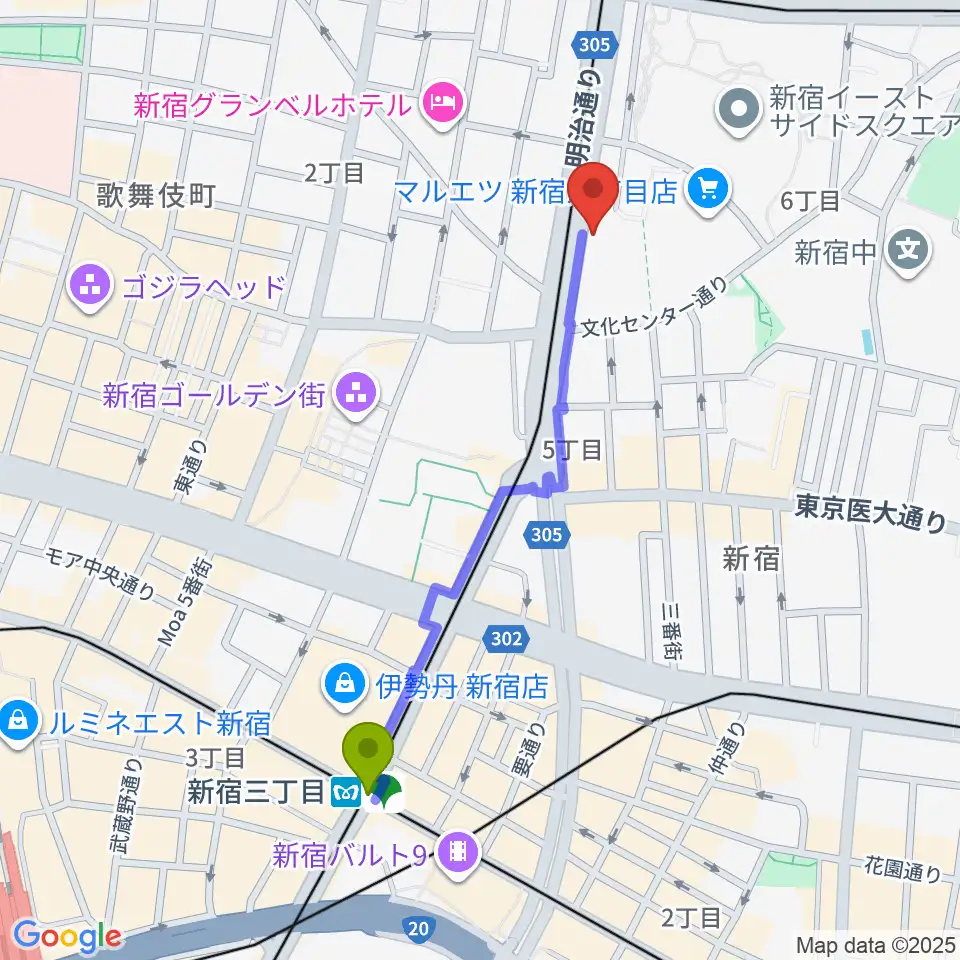 新宿三丁目駅から新宿SACT!へのルートマップ地図