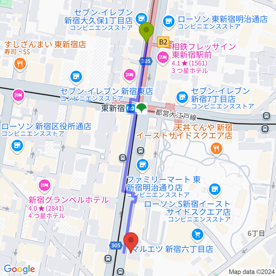 新宿SACT!の最寄駅東新宿駅からの徒歩ルート（約6分）地図