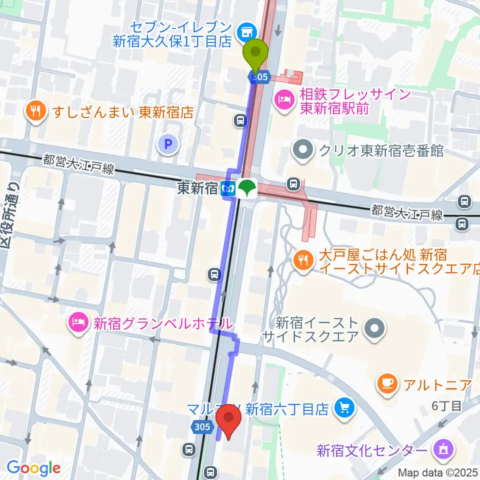 新宿SACT!の最寄駅東新宿駅からの徒歩ルート（約6分）地図