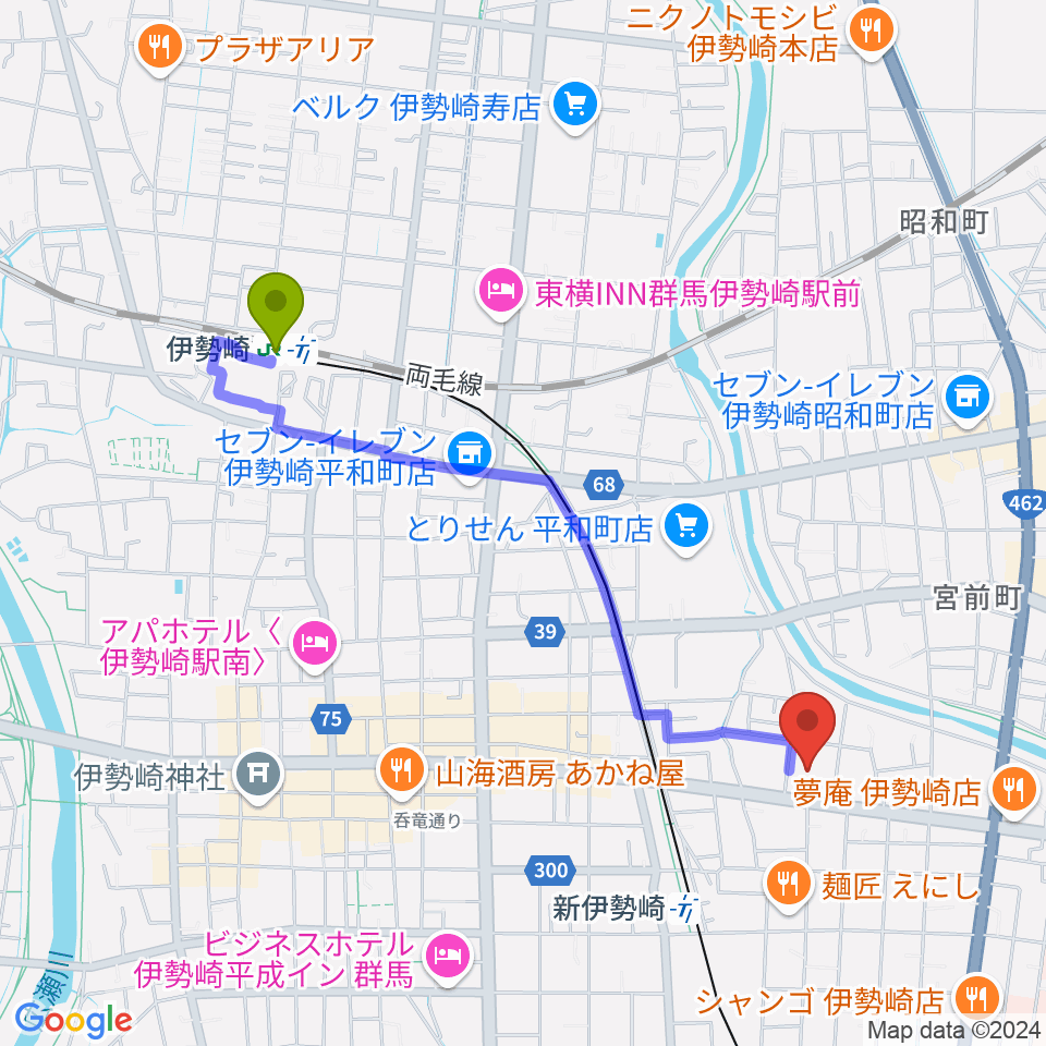 伊勢崎駅からダストボウル伊勢崎店へのルートマップ地図