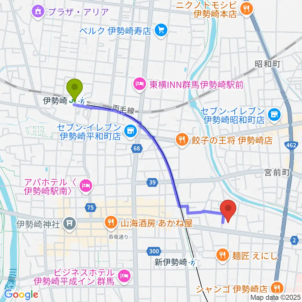 伊勢崎駅からダストボウル伊勢崎店へのルートマップ地図