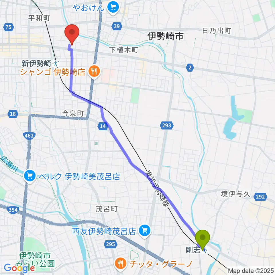 剛志駅からダストボウル伊勢崎店へのルートマップ地図